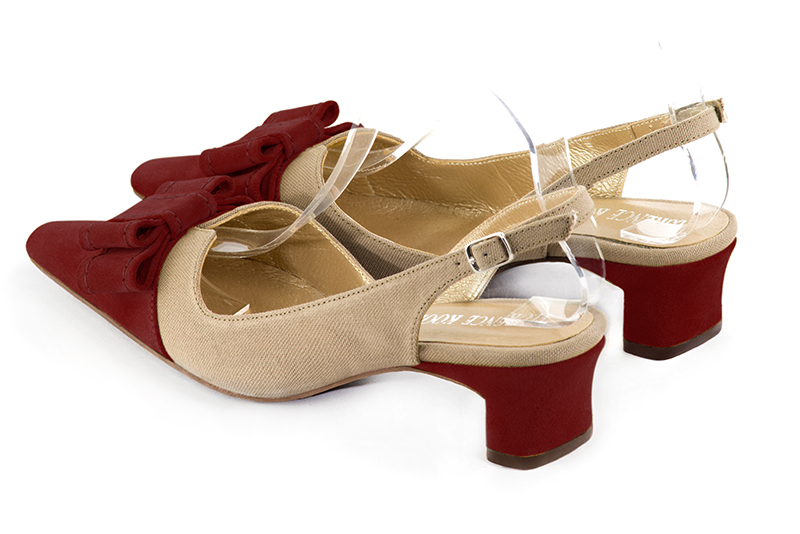 Burgundy red and tan beige women's open back shoes, with a knot. Tapered toe. Low kitten heels. Rear view - Florence KOOIJMAN